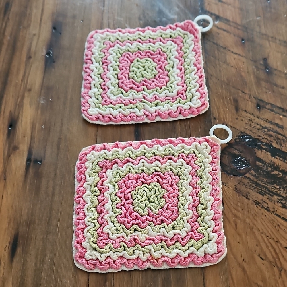 Hand Crafted Pair Pink and Green Crochet Pot Holders. CAN VE USED EITHER SIDE